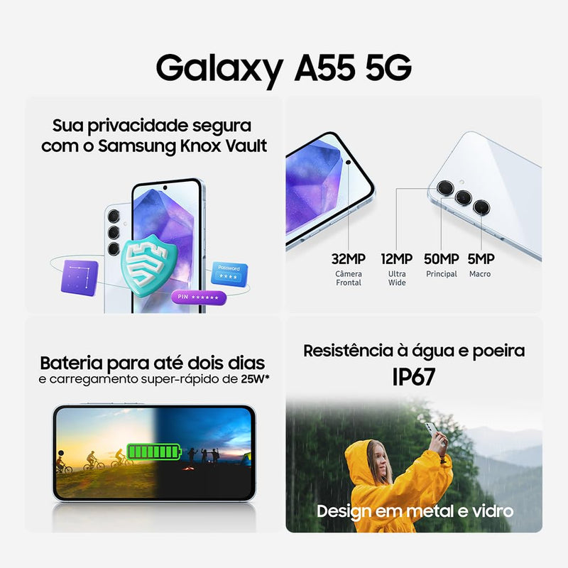 Celular Samsung Galaxy A55 5G, Câmera Tripla até 50MP, Tela 6.6", 256GB Azul Escuro