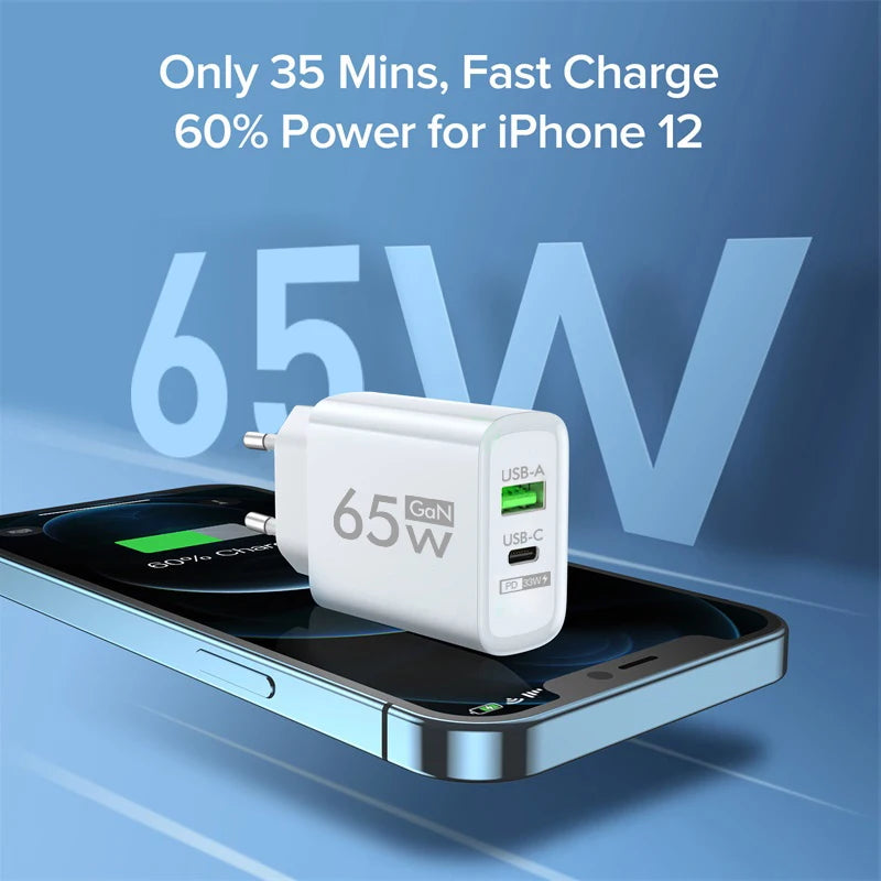 Gan-usb tipo c carregador, 65w, pd, carregamento rápido, adaptador de energia, para o iphone 15, xiaomi, huawei, samsung, telefone móvel