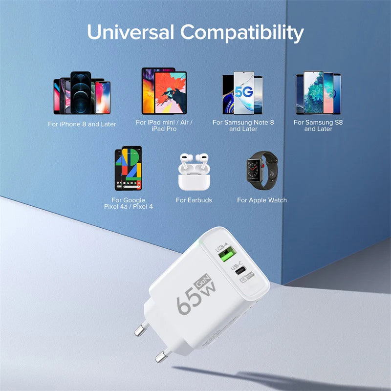 Gan-usb tipo c carregador, 65w, pd, carregamento rápido, adaptador de energia, para o iphone 15, xiaomi, huawei, samsung, telefone móvel