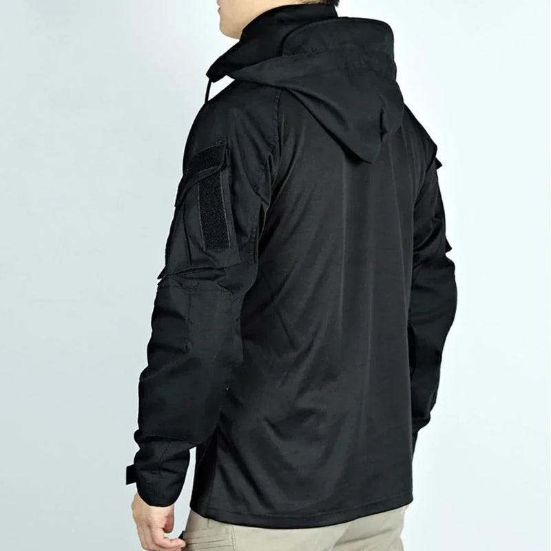 Camisas táticas de combate masculinas, manga comprida, camiseta respirável, tops de camuflagem com capuz, secagem rápida, swat, primavera e outono