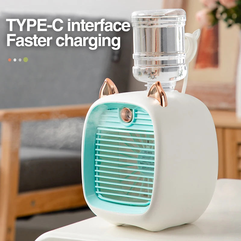 Ar condicionado portátil USB Mini ventilador de refrigeração de ar Ventilador de resfriamento de água com 3 velocidades 2 modos Umidificador de spray Purificador para carro Casa