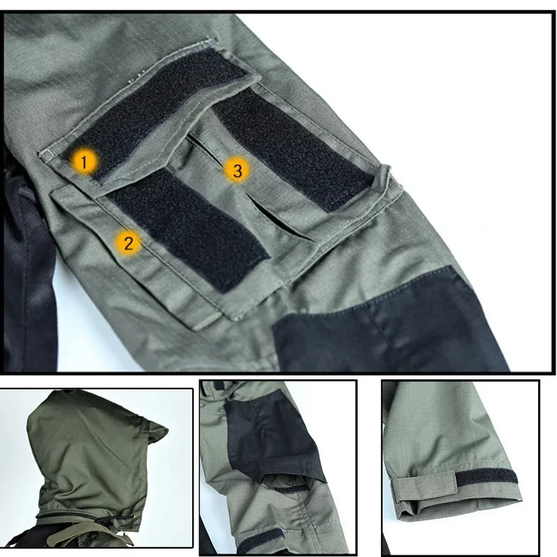 Camisas táticas de combate masculinas, manga comprida, camiseta respirável, tops de camuflagem com capuz, secagem rápida, swat, primavera e outono