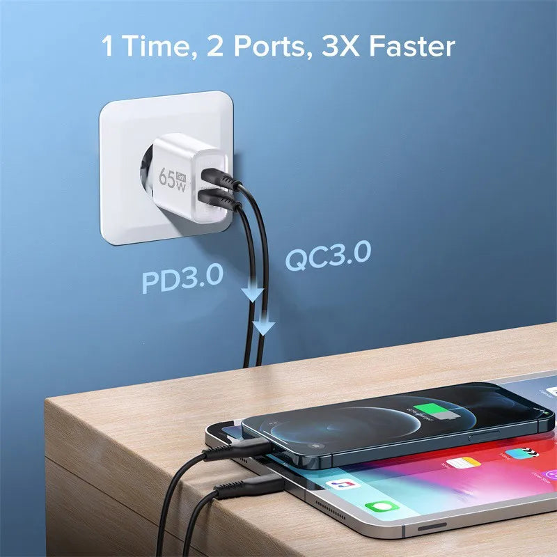 Gan-usb tipo c carregador, 65w, pd, carregamento rápido, adaptador de energia, para o iphone 15, xiaomi, huawei, samsung, telefone móvel
