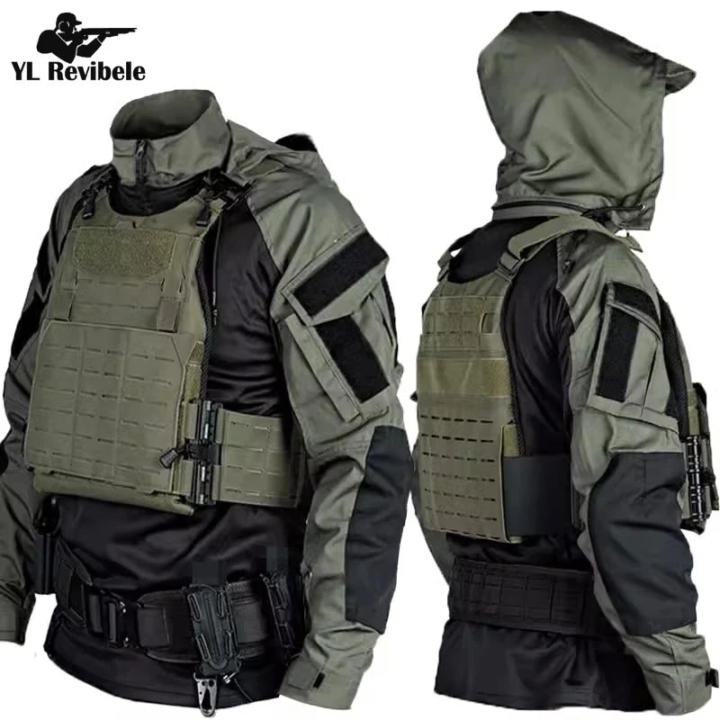 Camisas táticas de combate masculinas, manga comprida, camiseta respirável, tops de camuflagem com capuz, secagem rápida, swat, primavera e outono